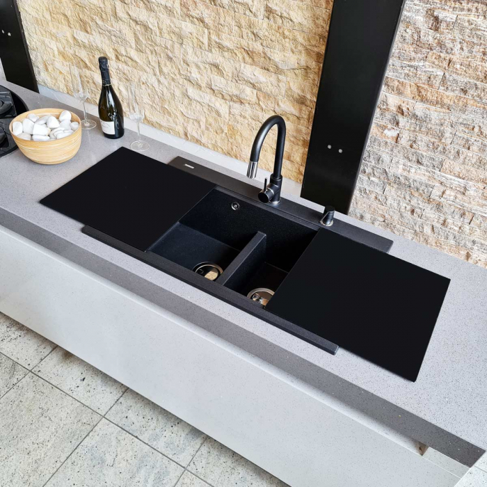 Set complet Chiuveta bucatarie granit dubla cu 2 cuve CookingAid Kinga LX8620 Neagra [2]