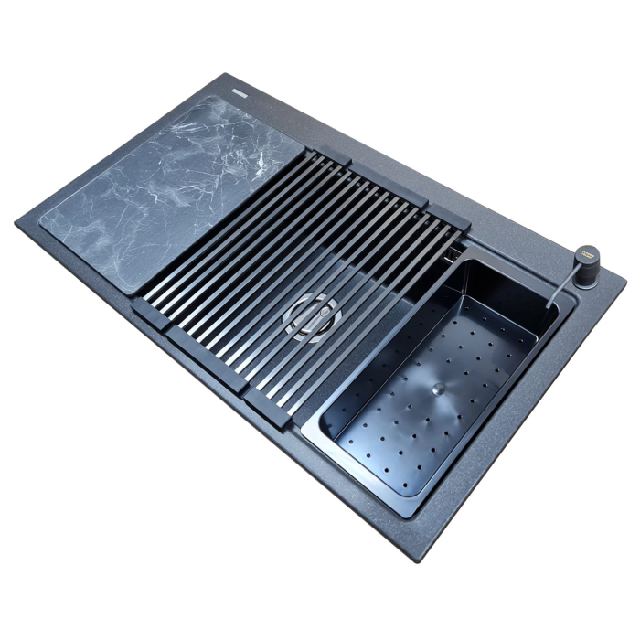 Chiuveta bucatarie granit CookingAid Kinga Workstation LX8610 Neagra / Black Metal quartz + accesorii montaj [8]