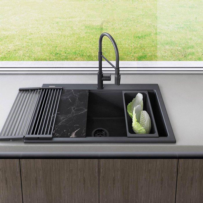 Chiuveta bucatarie granit CookingAid Kinga Workstation LX8610 Neagra / Black Metal quartz + accesorii montaj [3]
