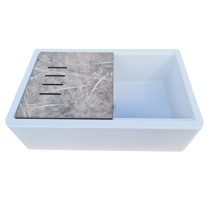 Chiuveta bucatarie granit reversibila CookingAid Lux LX8410 Farmhouse Apron Alba / Polar White + accesorii montaj [20]