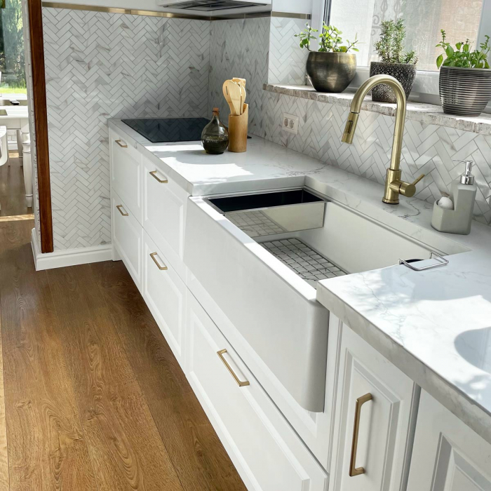 Chiuveta bucatarie granit reversibila CookingAid Lux LX8410 Farmhouse Apron Alba / Polar White + accesorii montaj [12]