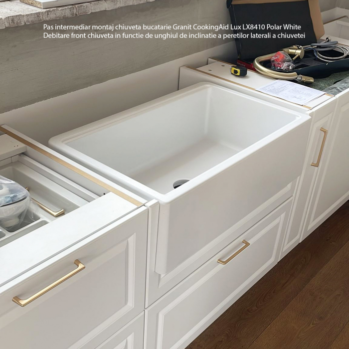 Chiuveta bucatarie granit reversibila CookingAid Lux LX8410 Farmhouse Apron Alba / Polar White + accesorii montaj [25]