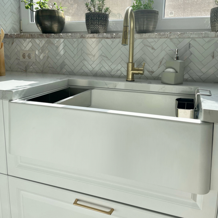 Chiuveta bucatarie granit reversibila CookingAid Lux LX8410 Farmhouse Apron Alba / Polar White + accesorii montaj [14]
