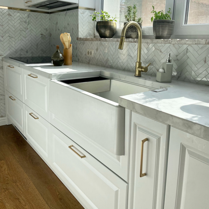 Chiuveta bucatarie granit reversibila CookingAid Lux LX8410 Farmhouse Apron Alba / Polar White + accesorii montaj [13]