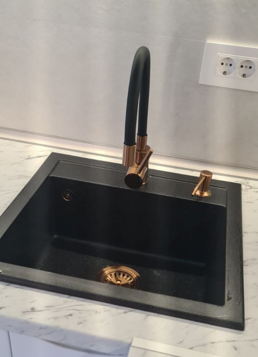 Chiuveta bucatarie granit cu finisaj negru perlat/cupru Steingran Art Copper cu dozator si baterie Quadron [5]