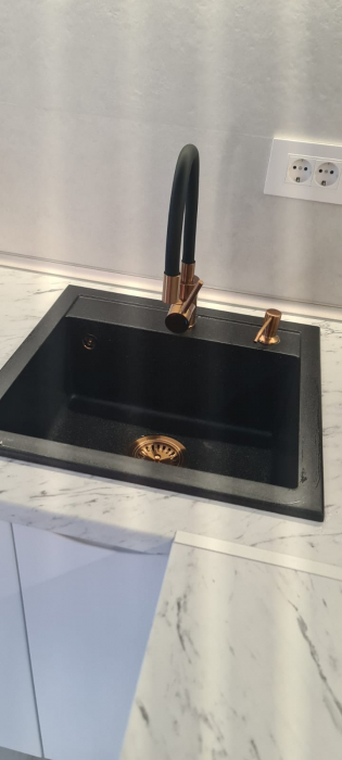 Chiuveta bucatarie granit cu finisaj negru perlat/cupru Steingran Art Copper cu dozator si baterie Quadron [7]