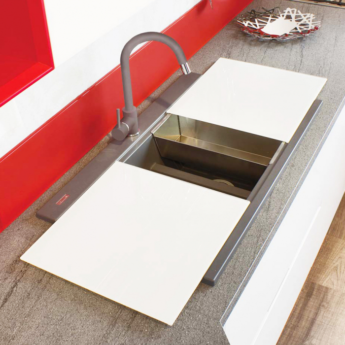 Chiuveta bucatarie granit dubla cu 2 cuve CookingAid Kinga LX8620 Maro Trufa / Truffle + accesorii montaj [2]