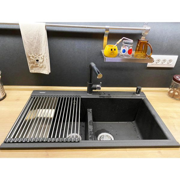 Chiuveta bucatarie granit dubla cu 2 cuve CookingAid Kinga LX8620 Neagra / Black Metal Quartz + accesorii montaj [16]