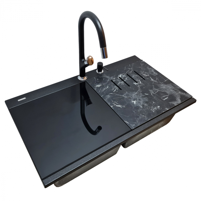 Chiuveta bucatarie granit dubla cu 2 cuve CookingAid Kinga LX8620 Neagra / Black Metal quartz+baterie si 7 accesorii [11]