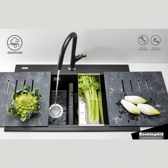 Chiuveta bucatarie granit dubla cu 2 cuve CookingAid Kinga LX8620 Neagra / Black Metal quartz+baterie si 7 accesorii [3]