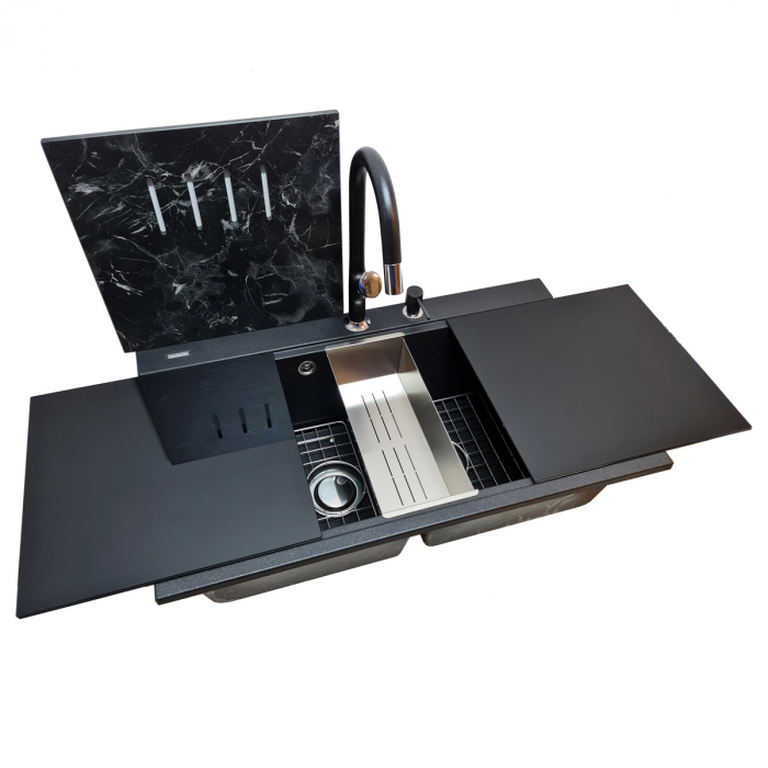 Chiuveta bucatarie granit dubla cu 2 cuve CookingAid Kinga LX8620 Neagra / Black Metal quartz+baterie si 7 accesorii [10]