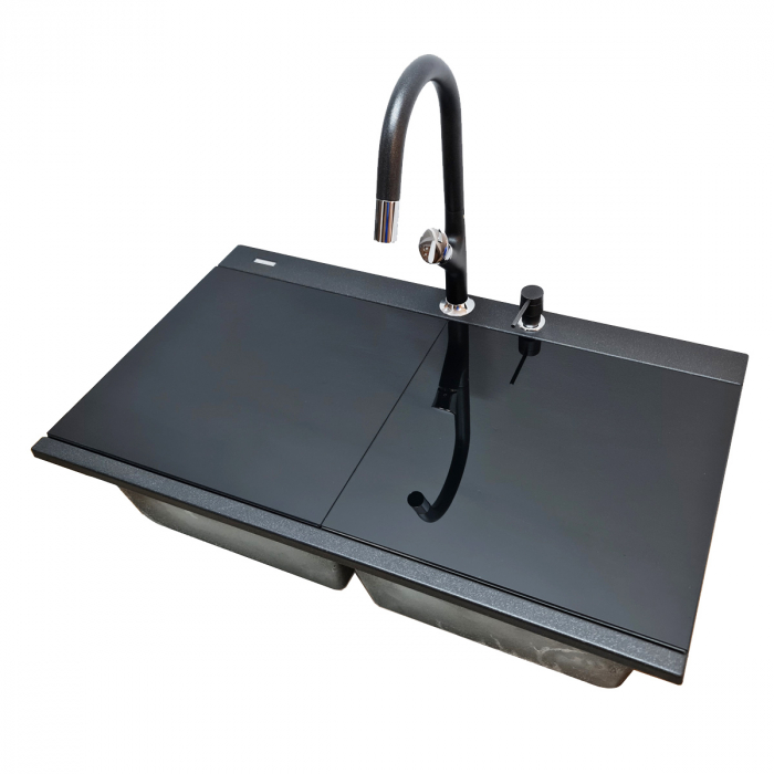 Chiuveta bucatarie granit dubla cu 2 cuve CookingAid Kinga LX8620 Neagra / Black Metal quartz+baterie si 7 accesorii [6]