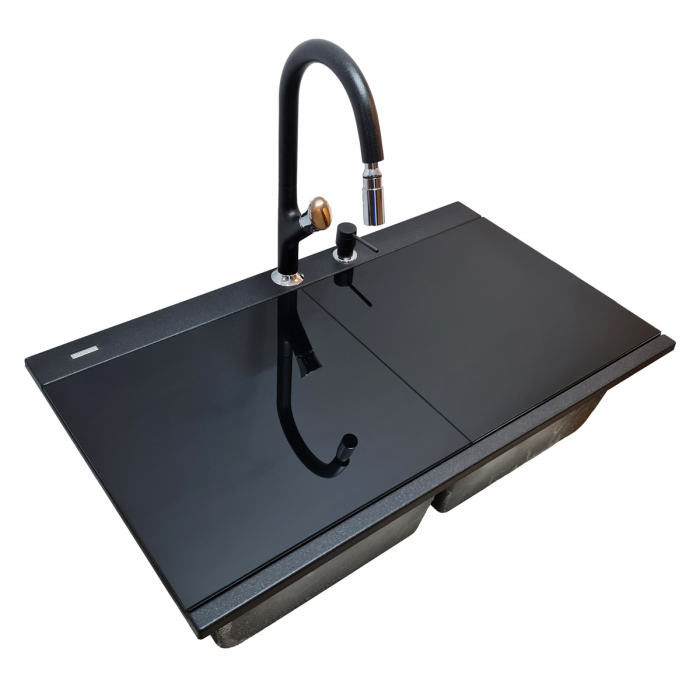 Chiuveta bucatarie granit dubla cu 2 cuve CookingAid Kinga LX8620 Neagra / Black Metal quartz+baterie si 7 accesorii [5]
