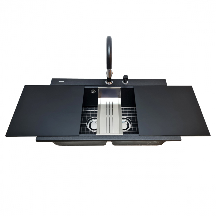 Chiuveta bucatarie granit dubla cu 2 cuve CookingAid Kinga LX8620 Neagra / Black Metal quartz+baterie si 7 accesorii [7]