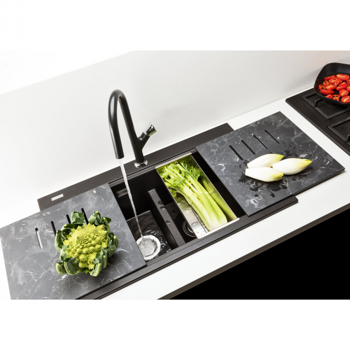 Chiuveta bucatarie granit dubla cu 2 cuve CookingAid Kinga LX8620 Neagra / Black Metal quartz+baterie si 7 accesorii [4]