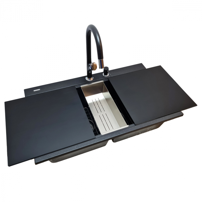 Chiuveta bucatarie granit dubla cu 2 cuve CookingAid Kinga LX8620 Neagra / Black Metal quartz+baterie si 7 accesorii [8]