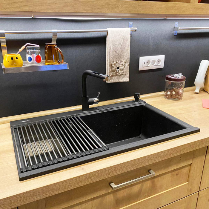 Chiuveta bucatarie granit dubla cu 2 cuve CookingAid Kinga LX8620 Neagra / Black Metal quartz + Ventil Invizibil + Baterie CookingAid Arizona + 2 Tocatoare sticla Temperizata [11]