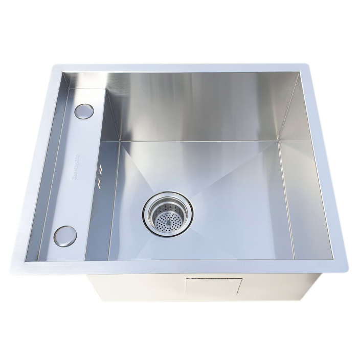 Chiuveta bucatarie inox CookingAid INVISIBLE DEEP cu baterie telescopica integrata, scurgator vase/paste/fructe, tocator sticla temperizata, dozator detergent + accesorii montaj [6]