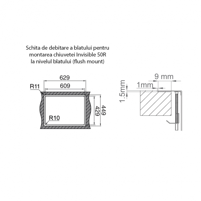 Chiuveta bucatarie inox CookingAid INVISIBLE 50R cu baterie telescopica integrata, capac scurgere invizibil + accesorii montaj [13]