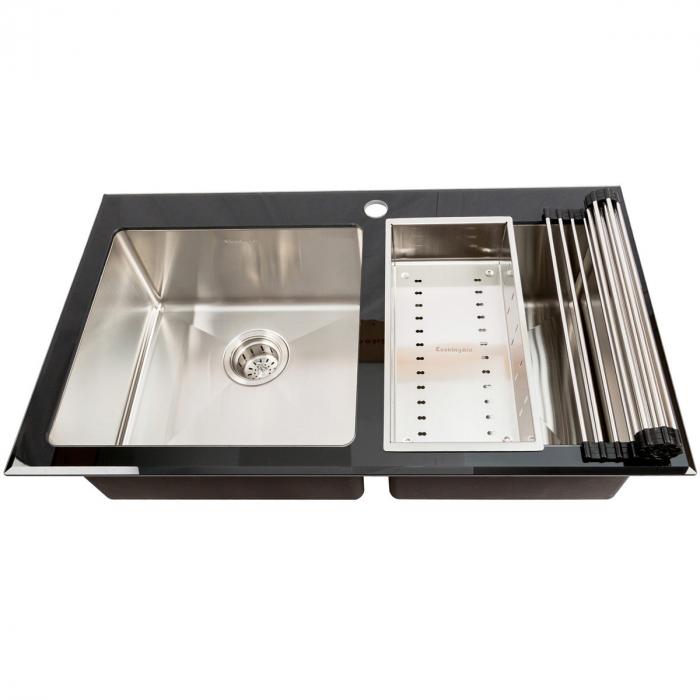 Chiuveta bucatarie inox CookingAid TEMPERED GLASS DUO cu tocator personalizat sticla temperizata, scurgator vase/paste/fructe, gratar rulabil inox + accesorii [2]