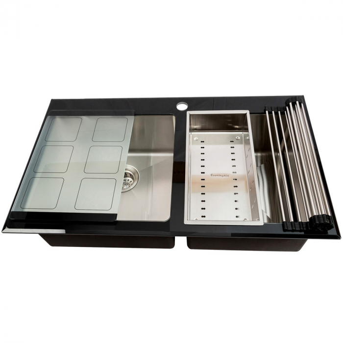 Chiuveta bucatarie inox CookingAid TEMPERED GLASS DUO cu tocator personalizat sticla temperizata, scurgator vase/paste/fructe, gratar rulabil inox + accesorii [6]