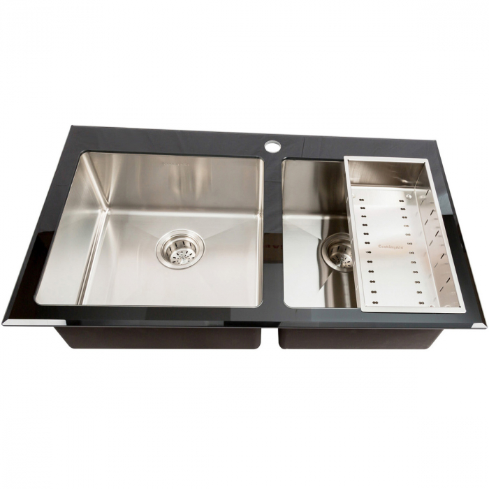 Chiuveta bucatarie inox CookingAid TEMPERED GLASS DUO cu tocator personalizat sticla temperizata, scurgator vase/paste/fructe, gratar rulabil inox + accesorii [5]