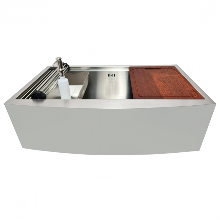 Chiuveta bucatarie inox cu front vizibil CookingAid FARM HOUSE Apron cu scurgator vase/paste/fructe, gratar rulabil inox, dozator sapun + accesorii montaj Farmhouse [4]