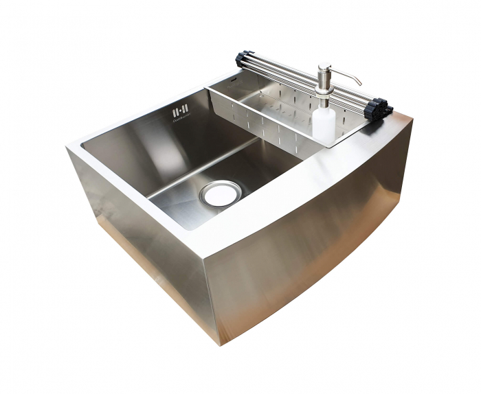 Chiuveta bucatarie inox cu front vizibil CookingAid FARM HOUSE APRON STANDARD cu scurgator vase/paste/fructe, gratar rulabil inox, dozator sapun + accesorii montaj Farmhouse [12]