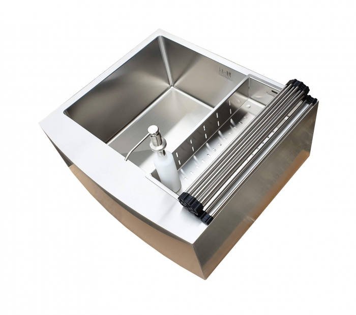 Chiuveta bucatarie inox cu front vizibil CookingAid FARM HOUSE APRON STANDARD cu scurgator vase/paste/fructe, gratar rulabil inox, dozator sapun + accesorii montaj Farmhouse [14]