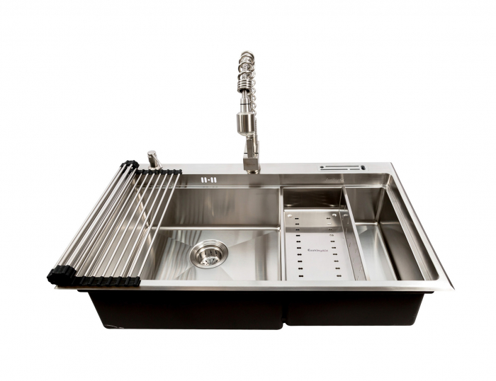 Chiuveta bucatarie inox dubla CookingAid AFRODITA XL cu dozator detergent, scurgator vase/paste/fructe, gratar rulabil inox, suport cutite, tocator lemn Sapele + accesorii montaj [7]