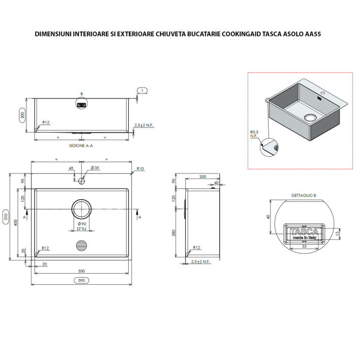 Chiuveta bucatarie inox TASCA ASOLO AA55 cu montaj pe blat sau la nivelul blatului [13]