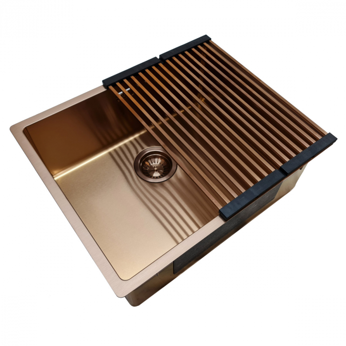 Chiuveta bucatarie inox TASCA CANOVA CA50 COPPER cu strat PVD ceramic culoare cupru cu montaj pe blat, sub blat sau la nivelul blatului si accesorii montaj [6]