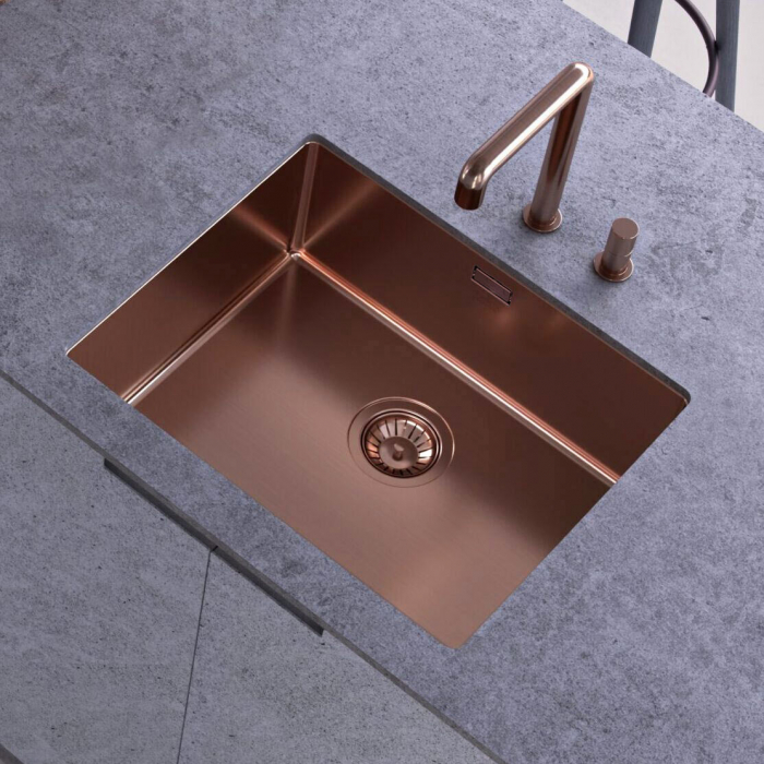 Chiuveta bucatarie inox TASCA CANOVA CA50 COPPER cu strat PVD ceramic culoare cupru cu montaj pe blat, sub blat sau la nivelul blatului si accesorii montaj [2]