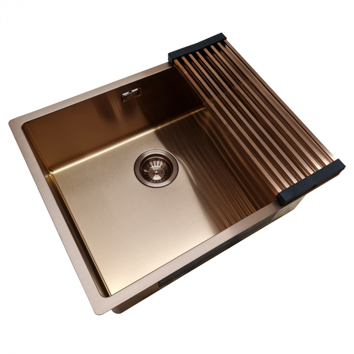 Chiuveta bucatarie inox TASCA CANOVA CA50 COPPER cu strat PVD ceramic culoare cupru cu montaj pe blat, sub blat sau la nivelul blatului si accesorii montaj [7]