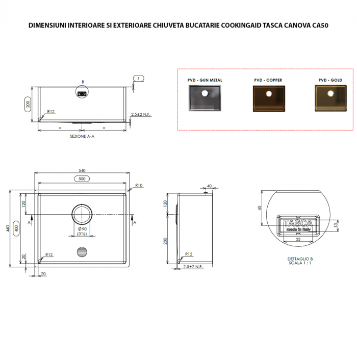 Chiuveta bucatarie inox TASCA CANOVA CA50 Gold cu strat PVD ceramic culoare aurie cu montaj pe blat, sub blat sau la nivelul blatului si accesorii montaj [11]