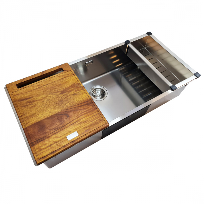 Chiuveta bucatarie inox TASCA CANOVA CA90 WORKSTATION + tavita scurgere inox + tocator lemn Iroko si accesorii montaj [8]