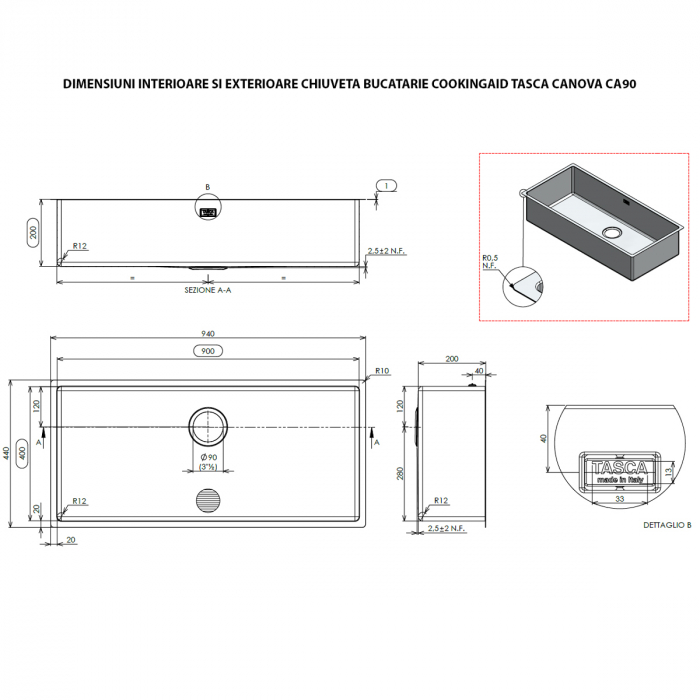 Chiuveta bucatarie inox TASCA CANOVA CA90 WORKSTATION + tavita scurgere inox + tocator lemn Iroko si accesorii montaj [12]