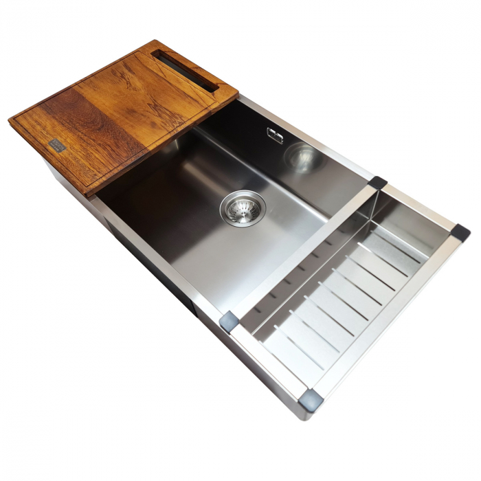 Chiuveta bucatarie inox TASCA CANOVA CA90 WORKSTATION + tavita scurgere inox + tocator lemn Iroko si accesorii montaj [9]