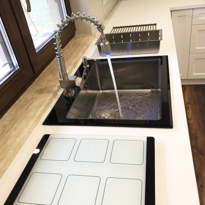 Chiuveta bucatarie inox CookingAid TEMPERED GLASS cu tocator personalizat sticla temperizata, scurgator vase/paste/fructe, gratar rulabil inox, dozator detergent + accesorii montaj [9]