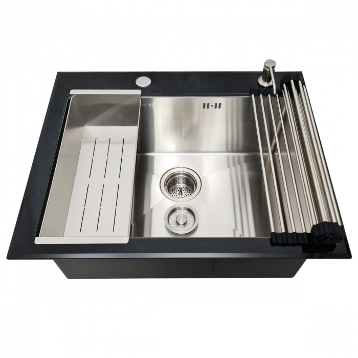 Chiuveta bucatarie inox CookingAid TEMPERED GLASS cu tocator personalizat sticla temperizata, scurgator vase/paste/fructe, gratar rulabil inox, dozator detergent + accesorii montaj [2]