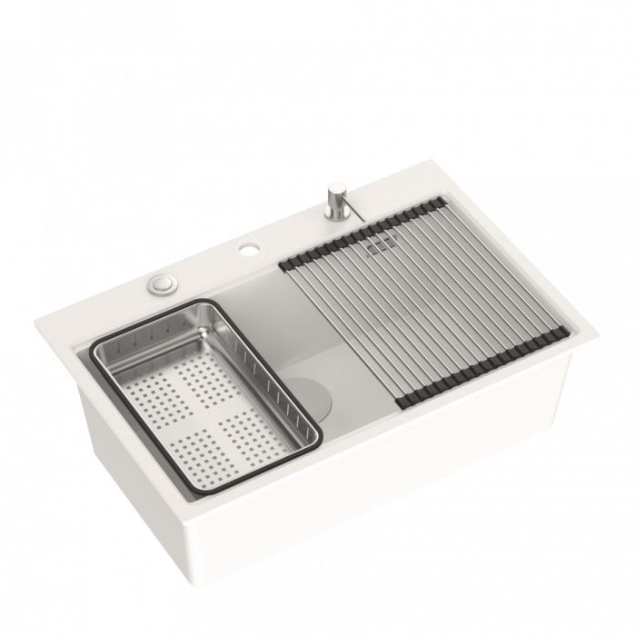 Chiuveta Granit Workstations MARK Quadron cu dozator+scurgator+gratar rulabil+tocator lemn+capac scurgere [6]