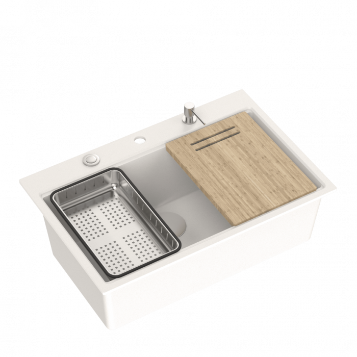Chiuveta Granit Workstations MARK Quadron cu dozator+scurgator+gratar rulabil+tocator lemn+capac scurgere [4]