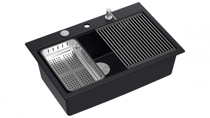 Chiuveta Granit Workstations MARK Quadron cu dozator+scurgator+gratar rulabil+tocator lemn+capac scurgere [7]