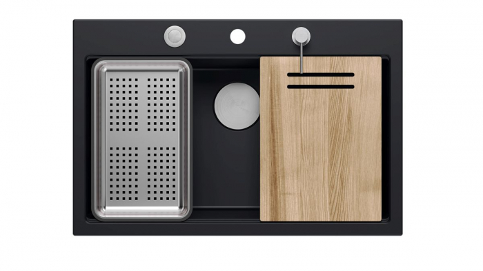 Chiuveta Granit Workstations MARK Quadron cu dozator+scurgator+gratar rulabil+tocator lemn+capac scurgere [8]