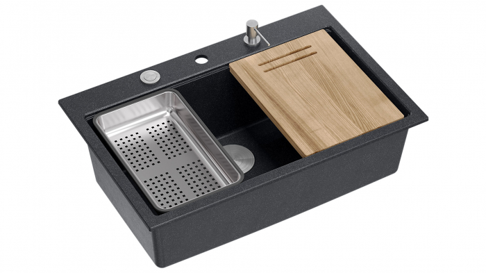 Chiuveta Granit Workstations MARK Quadron cu dozator+scurgator+gratar rulabil+tocator lemn+capac scurgere [4]