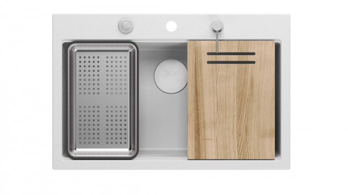 Chiuveta Granit Workstations MARK Quadron cu dozator+scurgator+gratar rulabil+tocator lemn+capac scurgere [3]