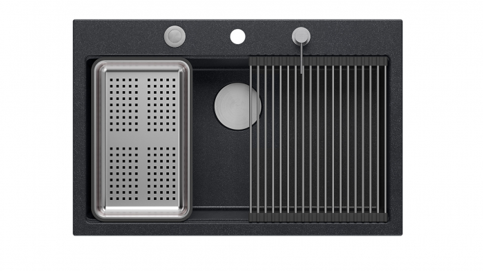 Chiuveta Granit Workstations MARK Quadron cu dozator+scurgator+gratar rulabil+tocator lemn+capac scurgere [2]
