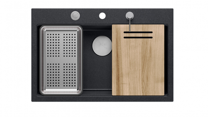 Chiuveta Granit Workstations MARK Quadron cu dozator+scurgator+gratar rulabil+tocator lemn+capac scurgere [6]