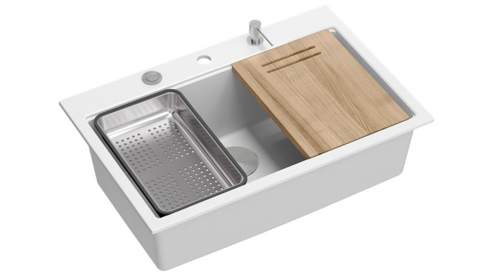 Chiuveta Granit Workstations MARK Quadron cu dozator+scurgator+gratar rulabil+tocator lemn+capac scurgere [2]