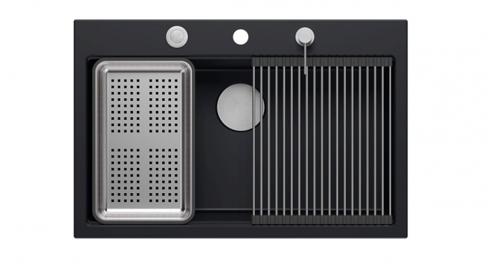 Chiuveta Granit Workstations MARK Quadron cu dozator+scurgator+gratar rulabil+tocator lemn+capac scurgere [4]